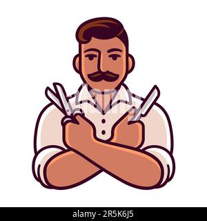 Retro style Barber man with scissors and shaving blade. Stylized illustration, vector clip art Stock Vector