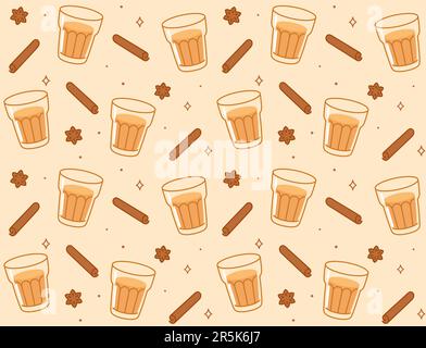 Masala chai tea seamless pattern. Doodle drawings of Indian tea glass and spices: cinnamon and cloves. Vector background illustration. Stock Vector
