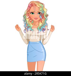 Rainbow Hairstyle Female Cute Cartoon Character. Vector Illustration Stock Vector