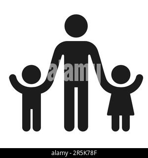 Adult with children figure silhouette icon. Man holding hands of boy and girl. One parent family or preschool teacher. Vector symbol. Stock Vector