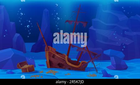 Sunken pirate ship on sea or ocean bottom vector illustration. Cartoon deep underwater game scene of shipwreck, wooden boat with broken mast and deck, bubbles in blue water and gold treasure on seabed Stock Vector