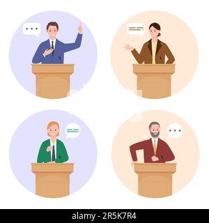 Politic public speech by politician on podium, circle icons set vector illustration. Cartoon male and female leaders in formal suits stand at tribune and agitate, characters speak at political debate Stock Vector