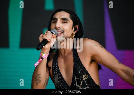 London, UK. 4th June, 2023. Leo Kalyan performs at Mighty Hoopla 2023 - Day 2 with more than 200 artists and perfromers across 10 stages embracing the best of pop, alternative and queer culture at Brockwell park. Credit: See Li/Picture Capital/Alamy Live News Stock Photo