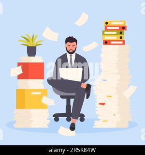 Paperwork and bureaucracy in office vector illustration. Cartoon workaholic businessman sitting on chair with laptop among big piles of paper documents and heaps of folders, sheets flying over man Stock Vector