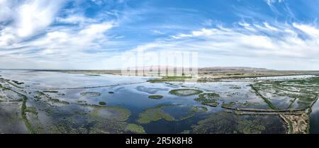 Bayannur. 4th June, 2023. This aerial panoramic photo taken on June 4, 2023 shows the scenery of Ulan Suhai Lake in Urad Front Banner in Bayannur, north China's Inner Mongolia Autonomous Region. Credit: Bei He/Xinhua/Alamy Live News Stock Photo