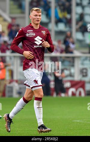 Perr Schuurs of Torino FC seen in action during Serie A 2023/24 football  match between Torino FC and AS Roma at Stadio Olimpico Grande Torino.  (Final scores; Torino 1