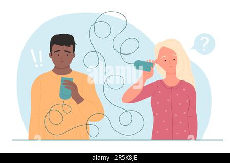 Poor communication and relationship problems in couple vector illustration. Cartoon man and woman holding tin can telephone with tangled string to talk, confused girl not understanding guys speech Stock Vector