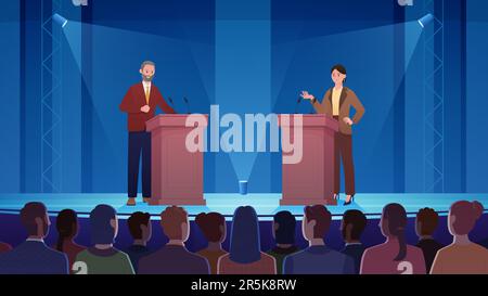 Political debate between two politicians on stage vector illustration. Cartoon man and woman talking in spotlights in front of crowd of people, public speech and dialogue with arguments of leaders Stock Vector