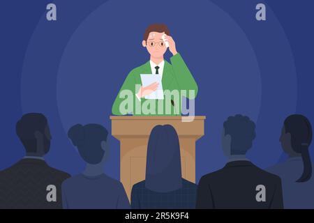 Public speaking fear. Man with microphone in front of audience ...