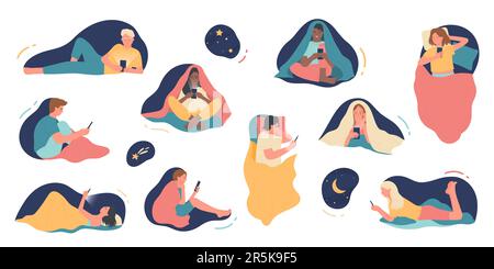 Insomnia of mobile phone addicts at night set vector illustration. Cartoon isolated home bedroom scenes with woman and man lying and sitting with smartphones and tablets to play and read news Stock Vector