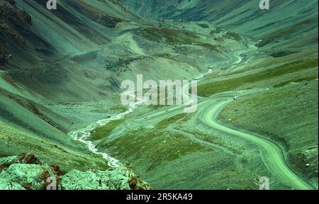 Barskoon Gorge,  Beautiful view of the mountains, Kyrgyzstan,  Central Asia, Truck with load down mountayn road Stock Photo