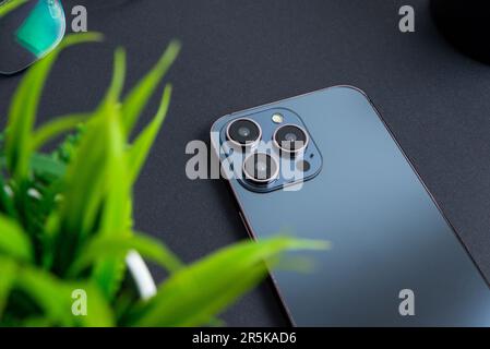 Phone backside with cameras and sensors. Phone laid on the black table and accused of plant green leaves Stock Photo
