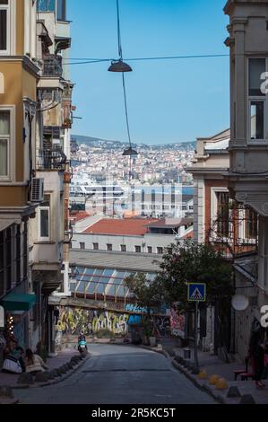 Istanbul cityscape. The narrow streets of Istanbul overlook the Bosphorus. Istanbul, Karakoy Turkey - May 2023. Stock Photo