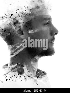 A paintography man's profile portrait with paint stains and brush strokes Stock Photo