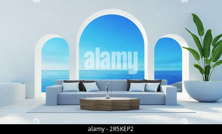 Sea View Beach Luxury Living Room - Santorini island style - 3D rendering Stock Photo
