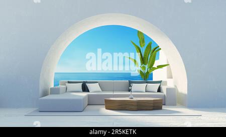 Sea View Beach Luxury Living Room - Santorini island style - 3D rendering Stock Photo