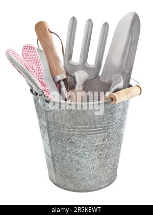 Various vintage garden work tools with bucket, fork, shovel and gloves isolated on white  background country style Stock Photo