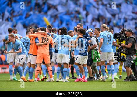 London, UK. 3rd June, 2023. Manchester City players celebrate at full time during the The FA Cup match at Wembley Stadium, London. Picture credit should read: Gary Oakley/Sportimage Credit: Sportimage Ltd/Alamy Live News Stock Photo