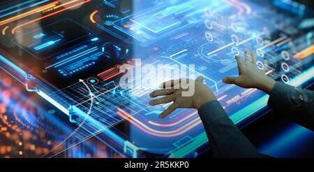 An analyst uses a computer and dashboard for data business analysis and Data Management System with KPI and metrics connected to the database for tech Stock Photo