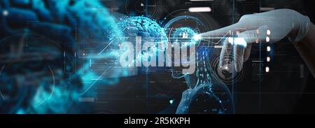 AI Artificial Intelligence, Data Science, Information technology concept. scientist touching on AI machine learning on virtual screen with big data, c Stock Photo
