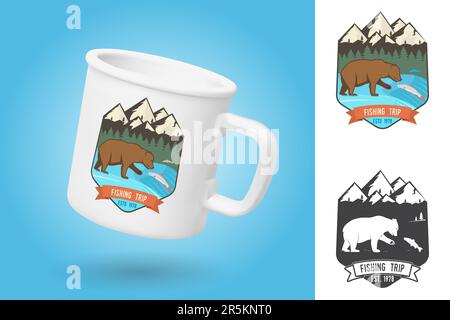 White camping cup. Realistic mug mockup template with sample