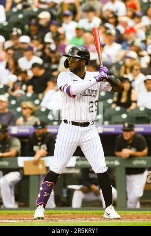 Colorado Rockies left fielder Jurickson Profar (29) wears a pair of Nike  cleats featuring the face of the team's mascot, Dinger the dinosaur, in the  ninth inning of a baseball game Tuesday