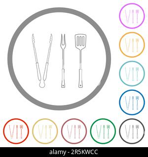 barbecue tools, tongs fork and spatula outline flat color icons in round outlines on white background Stock Vector