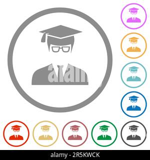 Graduate male avatar flat color icons in round outlines on white background Stock Vector