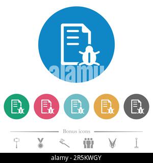 Bug report flat white icons on round color backgrounds. 6 bonus icons included. Stock Vector