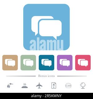 Two rounded square chat bubbles solid white flat icons on color rounded square backgrounds. 6 bonus icons included Stock Vector