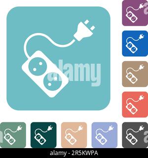 Portable electrical outlet with two sockets and extension cord and plug solid white flat icons on color rounded square backgrounds Stock Vector