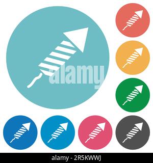 Firework rocket flat white icons on round color backgrounds Stock Vector