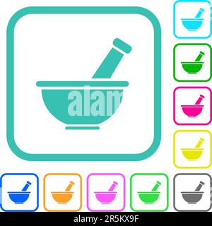 Mortar and pestle solid vivid colored flat icons in curved borders on white background Stock Vector