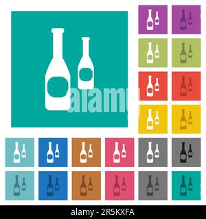 Two bottles with vignette multi colored flat icons on plain square backgrounds. Included white and darker icon variations for hover or active effects. Stock Vector