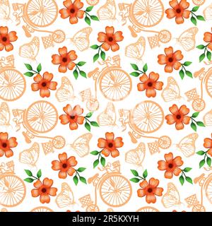 Butterflies, bicycle, flowers. Vector seamless pattern on a summer theme. Covers, wrapping paper, greeting cards, summer banners, wedding invitations. Stock Vector