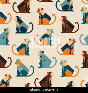 Seamless pattern with funny colorful monkey. Abstract geometric monkey on light background Stock Vector