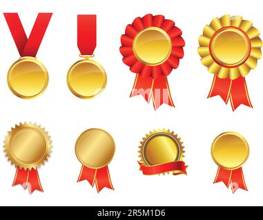 simple elegant gold medal red ribbon set vector isolated on white background Stock Vector
