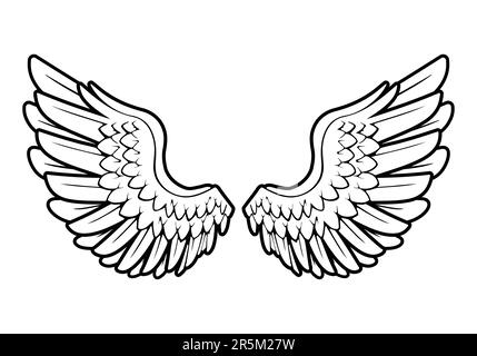 classic beautiful angel feathered bird wings black and white outline vector isolated on white background Stock Vector