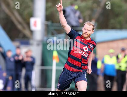Ross County's Josh Sims celebrates scoring the winning penalty in the shoot-out following the cinch Premiership second leg play-off final match at the Global Energy Stadium, Dingwall. Picture date: Sunday June 4, 2023. Stock Photo