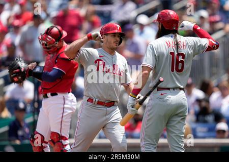 Philadelphia Phillies' Rhys Hoskins reacts after a home run during a  baseball game, Friday, Sept. 23, 2022, in Philadelphia. (AP Photo/Matt  Slocum Stock Photo - Alamy