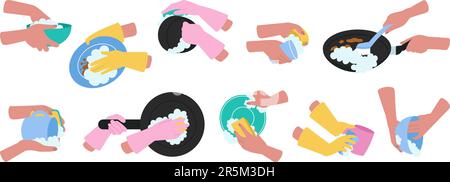 Hands washing dishes in rubber gloves. Isolated clean plates and pan, female cleaning with sponge and brush. Decent vector kitchen cleaner set Stock Vector