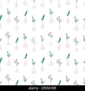 Flowers in vases seamless pattern. Floral elements, bouquets with flower and green branches. Decorative fabric fashion print, vector decor texture Stock Vector