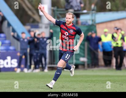 Ross County's Josh Sims celebrates scoring the winning penalty in the shoot-out following the cinch Premiership second leg play-off final match at the Global Energy Stadium, Dingwall. Picture date: Sunday June 4, 2023. Stock Photo