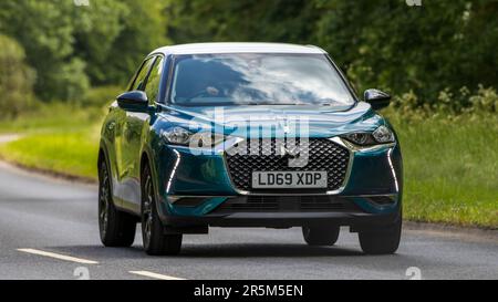 Stony Stratford,UK - June 2nd 2023: 2019 blue DS DS3 travelling on an English country road Stock Photo