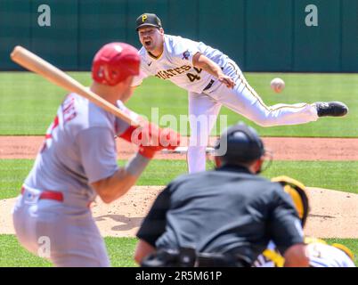 Pittsburgh, United States. 09th June, 2023. Pittsburgh Pirates center  fielder Ji Hwan Bae (3) celebrates in the dugout following his sacrifice  fly in the sixth inning of the 14-7 win against the