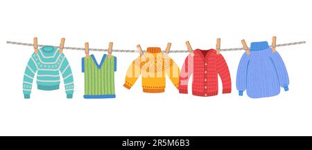 Clothes on rope. sweaters socks outdoor. Vector template illustration isolated Stock Vector