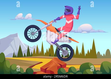 Motorbike rider. Sport cyclist jumping on bike outdoor landscape background Stock Vector