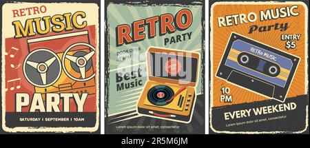 Poster retro music. Audio vintage gadgets players headset vynil radio recent vector placards with place for text Stock Vector