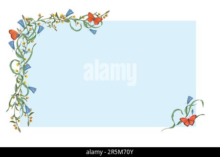 Watercolor flowers, butterflies isolated on white background with blue frame for text. Festive plants illustration with text space for birthday cards Stock Photo