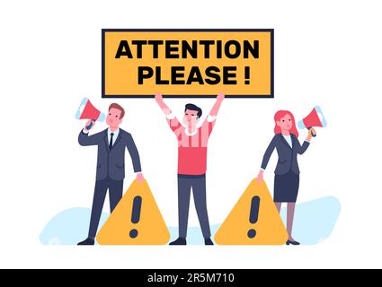 Important announcement. Breaking news. People group with megaphones and caution sign that says attention please. Warning information. Announce placard Stock Vector